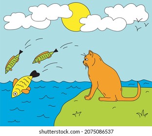 children's doodle illustration with a cat who sits and looks at a sea fish
