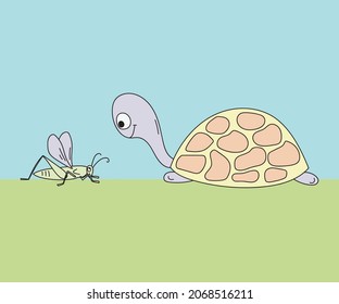 children's doodle illustration- a turtle and a grasshopper on the grass