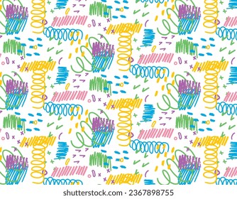 Kinderdoodle-Muster, Farbdruck, helle Farben, handgezeichnet, Vektorgrafik für Design
