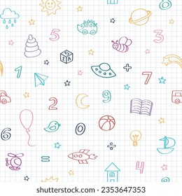 Children's doodle plain set of different hand-drawn icons. Kindergarten. Vector seamless pattern with childish doodle elements drawn in a school notebook for backgrounds, web design, design elements