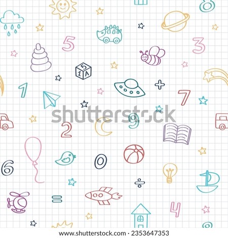 Children's doodle plain set of different hand-drawn icons. Kindergarten. Vector seamless pattern with childish doodle elements drawn in a school notebook for backgrounds, web design, design elements