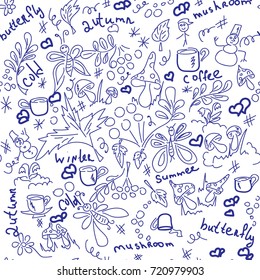 Children's doodle. Seamless pattern, blue outline, drawn by hand