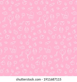 Children's doodle: toys, bottle, diaper, stroller, pacifier. Package design, wrapping paper, packing. Seamless pattern.