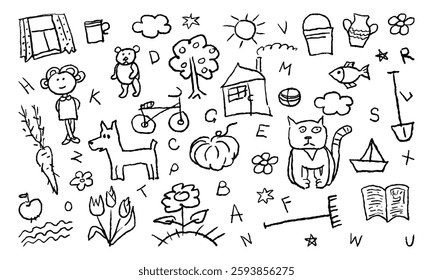 Children's doodles and squiggles - people, animals, plants and more. Vector set