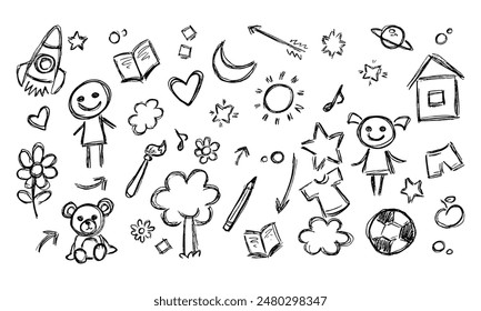 Children's doodles and squiggles. Various cartoon hand drawn objects. Vector set