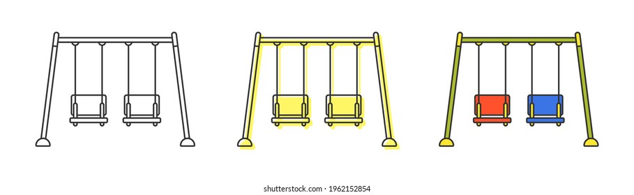 Children's double swing for kids summer games on playground. Outdoor entertainment equipment. Set of vector outline illustrations isolated on white background