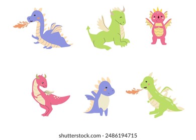 Childrens dragons collection. Fairy cute animals in childish style. Magic characters in scandinavian style. Baby dragons bundle.