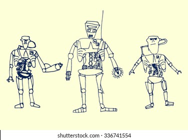 Children's draw three doodle robots. Blue pen drawing on paper sheet. Vector illustration; 