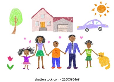 Children's drawing. African american big happy family. House, cat, car and tree.