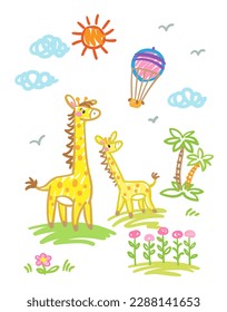 Dibujo infantil. Paisaje africano. Dos tiernas adorables, palmeras, flores, sol, globo y nubes. Al estilo de las caricaturas. Aislado sobre fondo blanco. Ilustración plana del vector