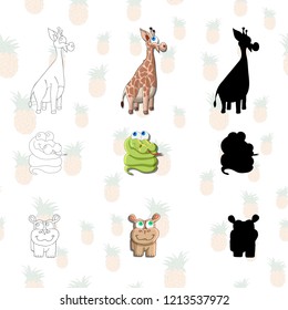 Children's drawing, animal characters.Giraffe, Hippo and snake isolated on seamless background.