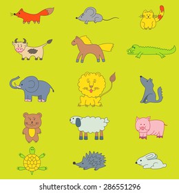 Children's drawing animals: wolf, fox, cat, rabbit, cow, sheep, crocodile, elephant, lion, pig, bear, hedgehog, mouse, turtle, horse.