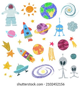 Children's drawing. Astronaut, planets, stars on a white background