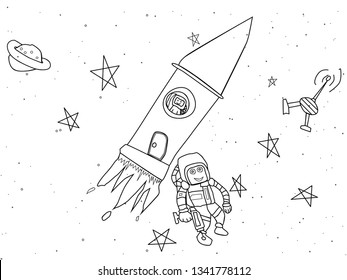 Children's drawing of an astronaut in space. Free space. Rocket, satellite, planets, and cosmantes. Illustration of free space with rocket and astronauts.