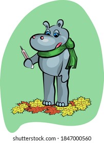 children's drawing. autumn cold weather, Hippo stands in a scarf with a thermometer sad because he got sick. Illustration for a web page or print edition