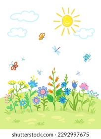 Children's drawing. Beautiful flowers in the meadow. Summer landscape with field, grass, sun and clouds. In cartoon style. Isolated on white background. Vector flat illustration