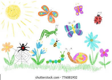 Children's drawing of beetles on a meadow. Vector illustration