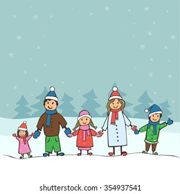 Children's drawing a big happy family. Christmas card vector illustration