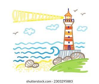 Children's drawing. Big lighthouse stands on the seashore. In cartoon style. Isolated on white background. Vector illustration