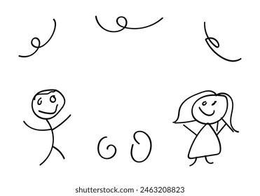 Children's drawing of a boy and a girl with black lines.