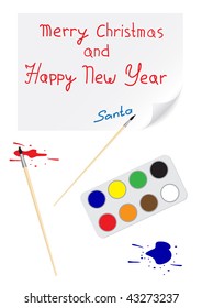 Children's drawing a brush with a Christmas and happy New Year and the signature santa