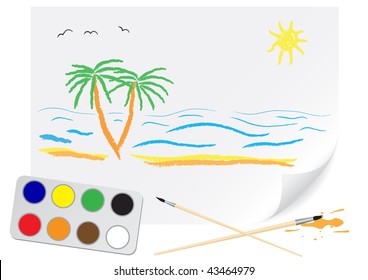 Children's drawing a brush summer on a paper