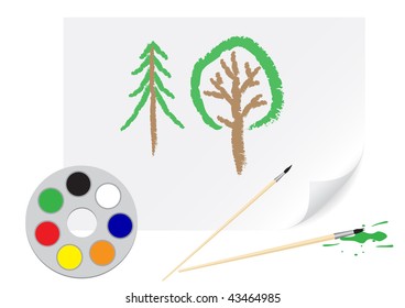 Children's drawing a brush tree on a paper