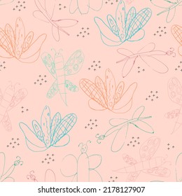 children's drawing butterflies fly in the meadow flowers vector seamless pattern