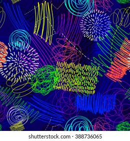 Children's drawing by hand, doodle, dots, lines, vector colorful pattern, drawing pens.