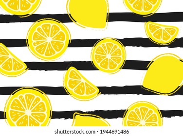 Children's drawing, cartoon style on a striped background. Fresh, tropical fruits, lemon. Seamless fruit background for banners, print for fabric, labels, t-shirt printing-01.