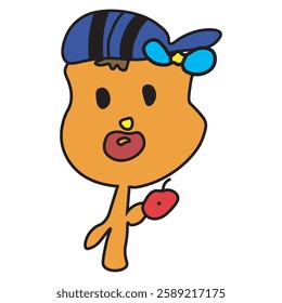 Children's drawing of a cat in a cap eating an apple