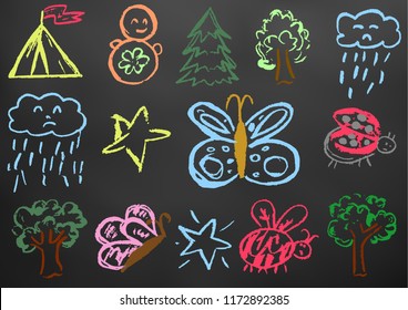 Children's drawing chalk on a blackboard. Design elements of packaging, postcards, wraps, covers. Sweet children's creativity. Butterfly, bug, ladybug, tree, star, cloud, rain, fur-tree, tumbler