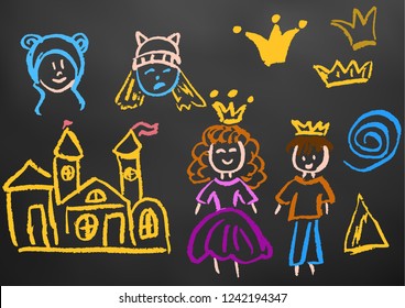 Children's drawing chalk on a blackboard. Design elements of packaging, postcards, wraps, covers. Sweet children's creativity. Sweet children's creativity. Spiral, triangle, faces, crown, prince