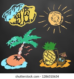 Children's drawing chalk on a blackboard. Design elements of packaging, postcards, wraps, covers. Sweet children's creativity. Beach, sea, slippers, sun, palm, seagull, pineapple, coconut, cockt