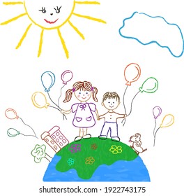 Children's drawing. Children on the globe. Illustration for the problems of peace, ecology, friendship, environmental protection