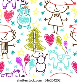 children's drawing Christmas winter seamless pattern with boy and girl. Just line. You can change the background