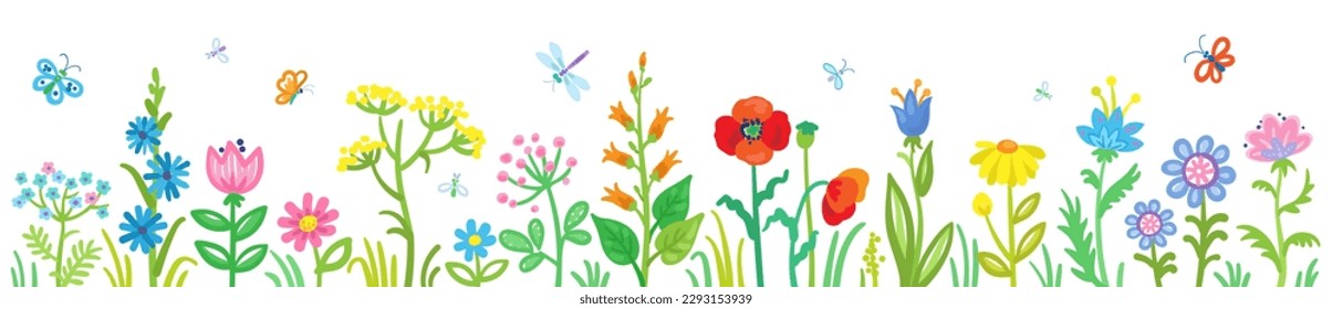 Dibujo infantil. Colección de hermosas flores y mariposas. Cartel al estilo de las caricaturas. Aislado sobre fondo blanco. Ilustración del vector