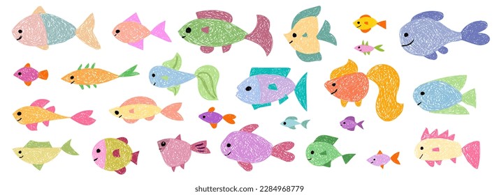 Children's drawing. Collection of colored fish.