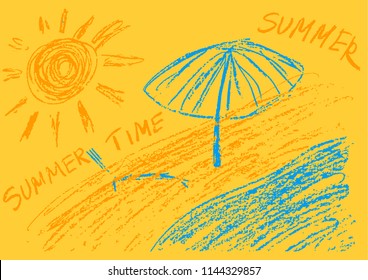 Los niños están dibujando crayones de colores. Sentimiento de verano. Mar, playa, sol
