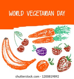 Children's drawing colored crayons. World Vegan Day. Raspberries, strawberries, cherries, strawberries banana