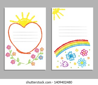 Children's drawing with colored pencils. Cards with a rainbow, flowers, the sun. Vector illustration