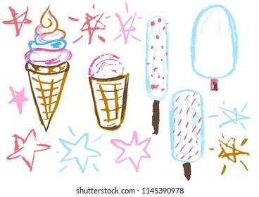 Children's drawing with colored wax crayons. Design elements of packaging, postcards, wraps, covers. Sweet children's creativity. Ice cream, sweets, summer, stars
