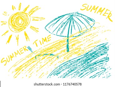 Children's drawing with colored wax crayons. Summer mood. Sea, beach, sun