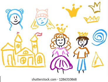 Children's drawing with colored wax crayons. Design elements of packaging, postcards, wraps, covers. Sweet children's creativity. Spiral, triangle, faces, crown, prince, princess, castle, flags