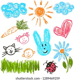 Children's drawing with colored wax crayons. Clouds, sun, hare, carrot, girl, boy cat flower heart grass ladybug