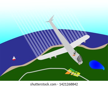 Children's drawing of the crash. The plane burns and falls down. The disaster in the sky.