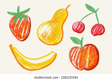 Children's Drawing with Crayons Apple, Pear, Strawberry, Cherry and Bana