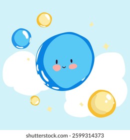 Children's drawing of cute bubbles with a smile in the sky