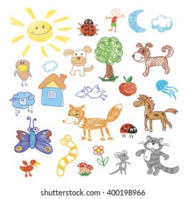 Childrens drawing doodle animals trees  vector illustration