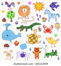 Childrens drawing doodle  animals trees. vector illustration